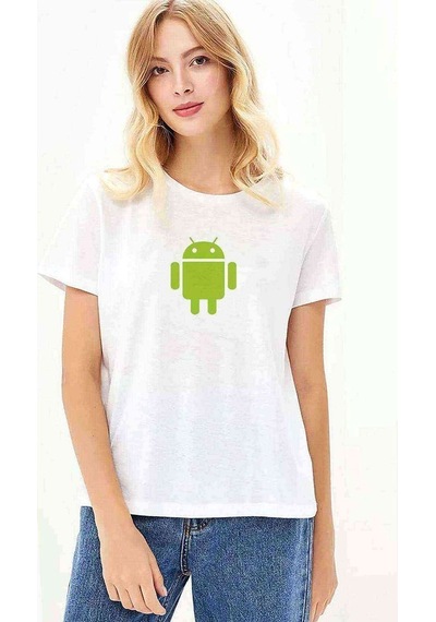 Android Logo Baskılı Beyaz Kadın Tshirt