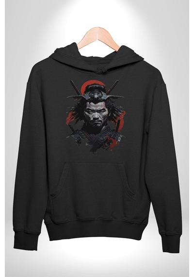 Asyalı Japon Samuray Savaşcı Kadın Erkek Siyah Kapüşonlu Sweatshirt Hoodie Siyah