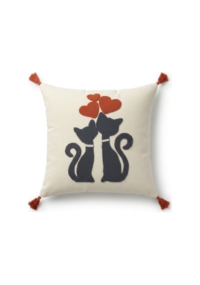 İki Kedi Ve Kalp Motifli Kabartmalı Punch Nakışlı Püsküllü Dekoratif Kırlent Kılıfı 42x42 Cm Pamuk Bej