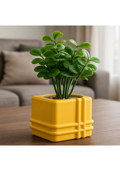 3d Baskı Square Planter - Izgara Desenli Küp Saksı-sarı