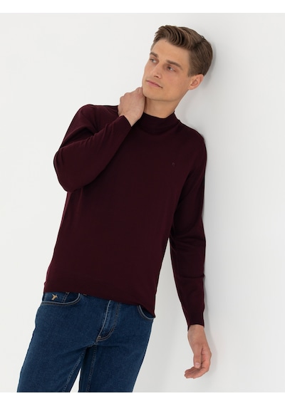 Cacharel Koyu Bordo Slim Fit Çeyrek Balıkçı Yaka Triko Kazak
