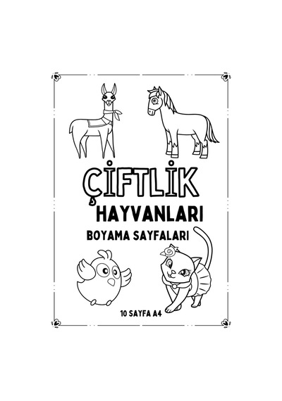 Çiftlik Hayvanları, Büyük Boy, Kolay Boyama Sayfaları, A4 Boyut, Tam 10 Sayfa.