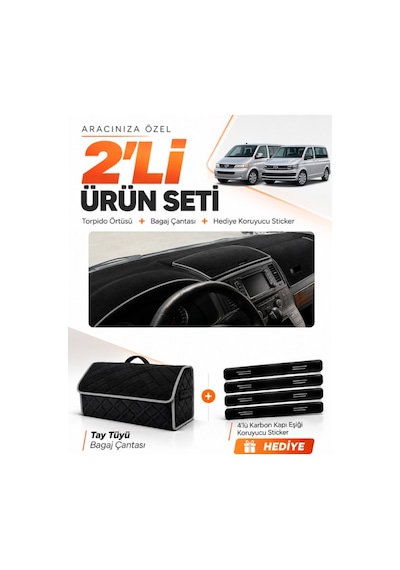 Volkswagen Transporter T5 Çift Kapaklı 2003-2016 Uyumlu Torpido + Tay Tüyü Çanta Seti - Siyah Gri