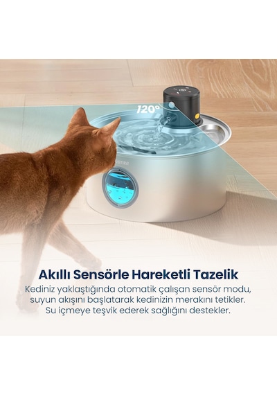 Haustier W2 Otomatik Kablosuz Kedi Su Pınarı, Sensörlü , Bataryalı , Ultra Sessiz, Çelik , 3.2lt Hazne