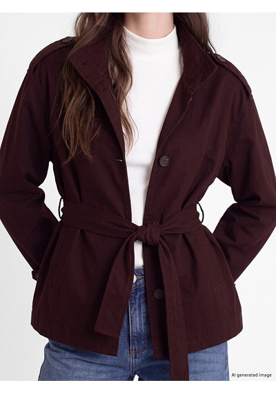 Lcw Modest Bordo Dik Yaka Kuşaklı Oversize Kadın Trençkot