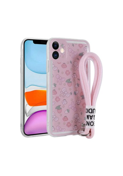 Apple Uyumlu iPhone 11 Kılıf Desenli El Askılı İpli Zore Astana Silikon Kapak Çilek
