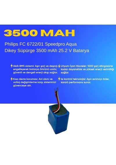 Philips Fc 6722/01 Speedpro Aqua Dikey Süpürge 3500 Mah 25.2 V Batarya  Uyumlu Uzun Ömürlü, Yüksek Performans Pil