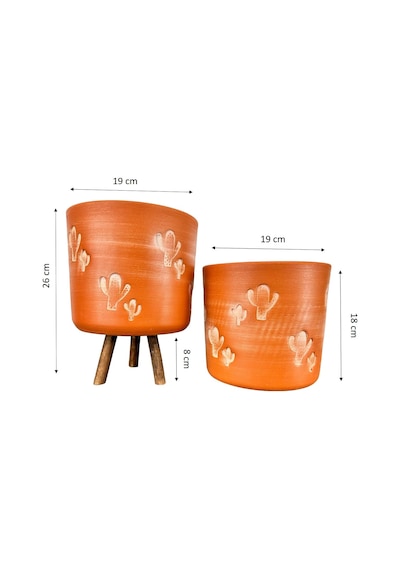 Bitki Tasarımı Ev Dekorasyon Aksesuar Kaktüs Desenli Toprak Saksı Saksılık Salon Çiçeklik İkili Set Ayaksız - 3 Ayaklı- 19 Cm