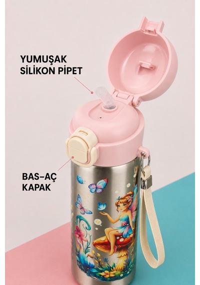 Siply Desenli Paslanmaz Çelik Okul Matarası 600ml Pembe Toz pembe