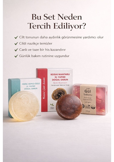 Cilt Canlandırıcı Ve Aydınlık Görünüm Sağlayan 3 Lü Doğal Sabun Bakım Seti Gül