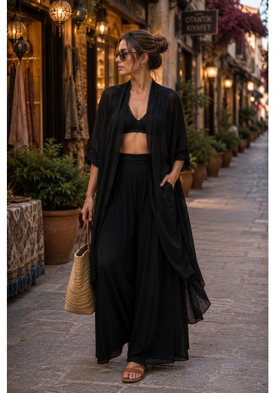 Bohem Stil Itayan Ipek Detaylı Oversize Kaftan- Pantolon Takım Siyah