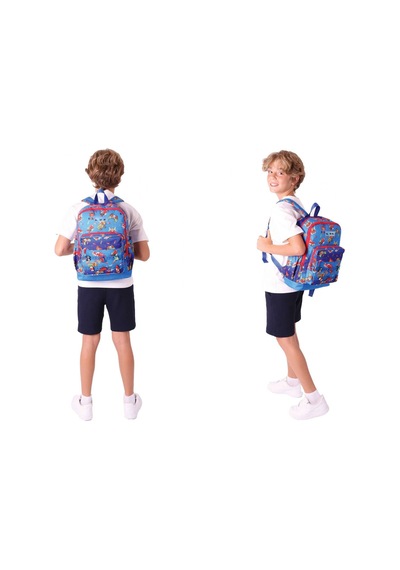 Kaukko Kids Erkek Çocuk Mavi Kırmızı Okul Çantası Ve Üç Bölmeli Kalemlik Seti - Silikon Aksesuarlı Mavi - Turuncu