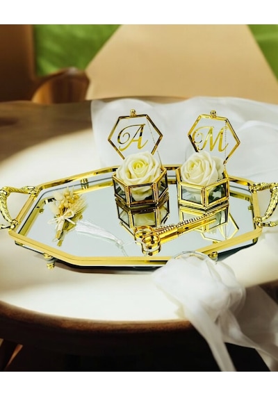 Infinity Gold Şık Söz Nişan Yüzük Tepsisi Krem Krem