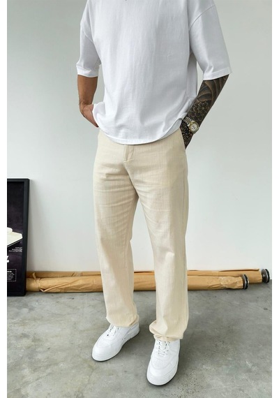 Krem Baggy Keten Pantolon