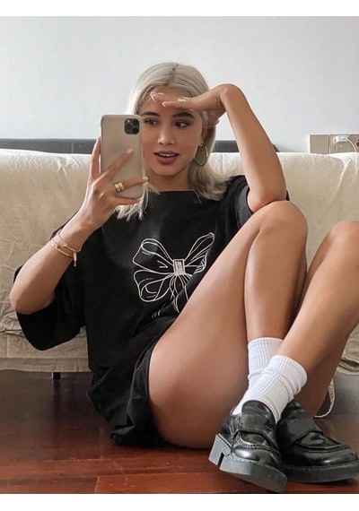 Kadın Baskılı Kısa Kol Oversize T-shirt - Siyah Siyah