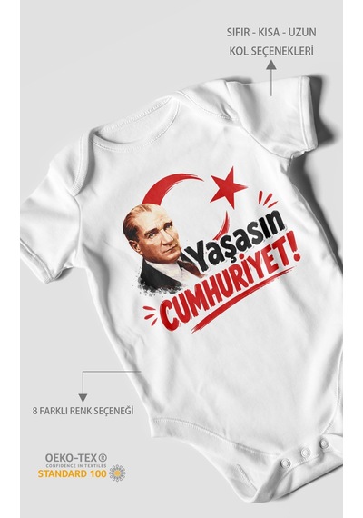 Morivokids Yaşasın Cumhuriyet Kısa Kollu Bebek Body %100 Pamuk Beyaz