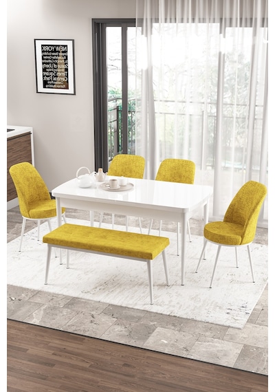 Canisa Concept Zen Serisi 80x132 Mdf Açılabilir Beyaz Masa Takımı 4 Hardal Sandalye Ve 1 Bench Masa Beyaz Sandalye Ve Bench Hardal Canisa Concept Zen Serisi 80x132 Mdf Açılabilir Beyaz Masa Takımı 4 Hardal Sandalye Ve 1 Bench Masa Beyaz Sandalye Ve Bench Hardal