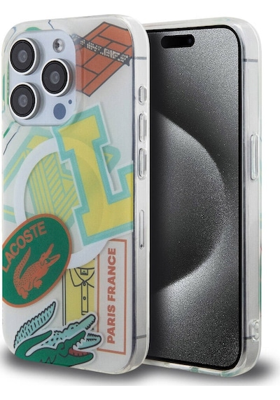 Apple Uyumlu iPhone 15 Pro Kılıf Lacoste Lisanslı Magsafe Şarj Özellikli Yamalar Desenli Turuncu