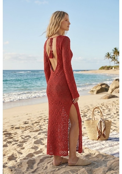 Neden Tekstil Ajurlu Sırt Dekolteli Uzun Beachwear Elbise - Kırmızı