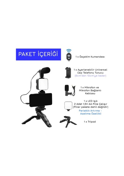 Upway Led Işıklı Mikrofonlu Tripotlu Kumandalı Video Kayıt Fotoğraf Öz Çekim Seti