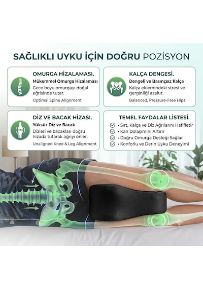 Dear Visco Ortopedik Diz Yastığı Omurgayı Destekleyici Visco Yastık Hamile Bacak Yastığı Kalp Şeklinde Lastikli Yastık Siyah