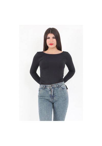 Giysa Kadın Siyah Sırt Dekolteli Uzun Kollu Çıtçıtlı Esnek Zıbın Body - 2440 Siyah