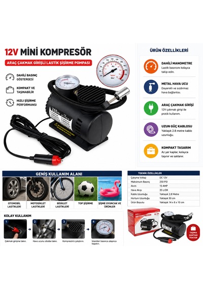 12v Mini Hava Kompresörü Araç Çakmak Girişli Lastik Şişirme Pompası