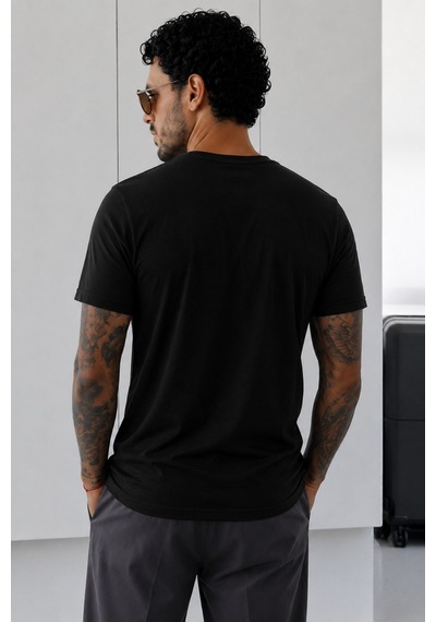 Tarz Cool Erkek Flamlı Pamuklu Bisiklet Yaka Basic Slim Fit Tişört Yazlık Günlük Şık Tişört Siyah