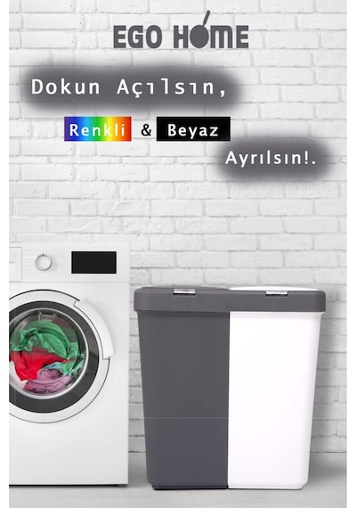 Mote Ikili Dokunmatik Kirli Çamaşır Sepeti Çift Bölmeli Otomatik Kapaklı 80 Lt Gri