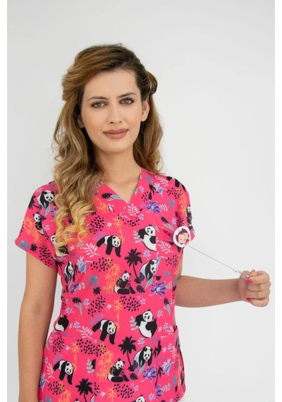 Pembe Panda Desen Cerrahi Doktor Hemşire Hastane Aşçı Likralı Forma Alt Üst Takım Karma Karma