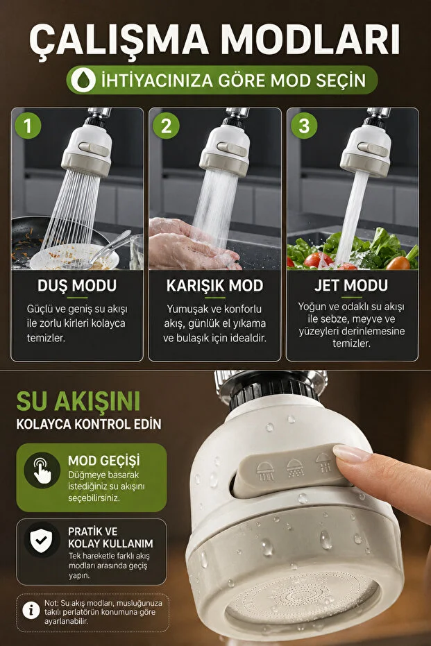 Musluk Başlığı 360 Döner 3 Fonksiyonlu Su Tasarruflu Perlatör 1