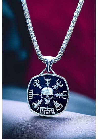 Gümüş Kaplama K-142 Paslanmaz Kromix Erkek Madalyon İskandinav Viking Vegvisir Koruma Sembolleri Gri