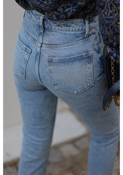 Woddi Mom Mavi Kar Yıkama Kadın Likralı Jean Kot Pantolon-2 Taş1