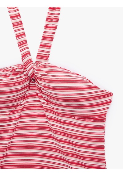 Koton Koton X Sibil Çetinkaya - Viskon Kumaş Slim Fit Çizgili Halter Yaka Top Kırmızı Çizgili 6sak10070uk