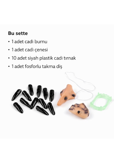 Cadı - 277 - Aksesuar Seti Burun, Çene, Fosforlu Diş Ve 10 Adet - Csmo-tex - Siyah Tırnak