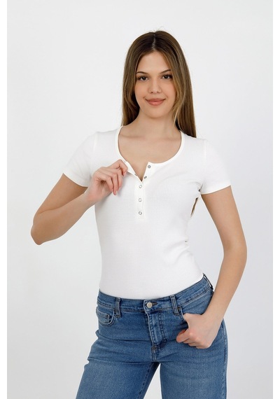 Hdm Kadın Esnek Fitilli Yakası Çıtçıtlı Ekru Kısa Kol Basic Örme Bluz - H5993