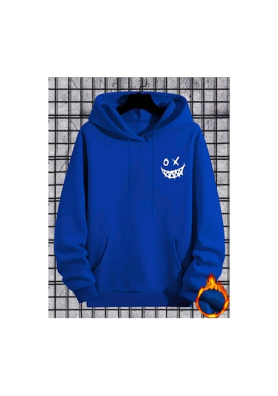Medinenur Gülümseyen Yüz Baskılı Kapüşonlu Sweatshirt Mavi