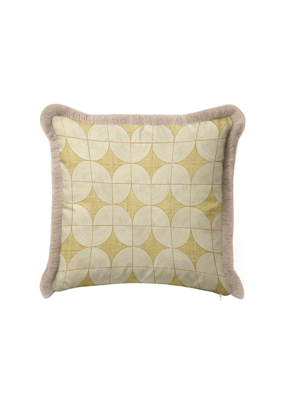 Geometrik Daire Motifli Saçaklı Yastık Kılıfı - Art Deco Şampanya Bej Vizon Püsküllü Kırlent Kılıfı Beyaz