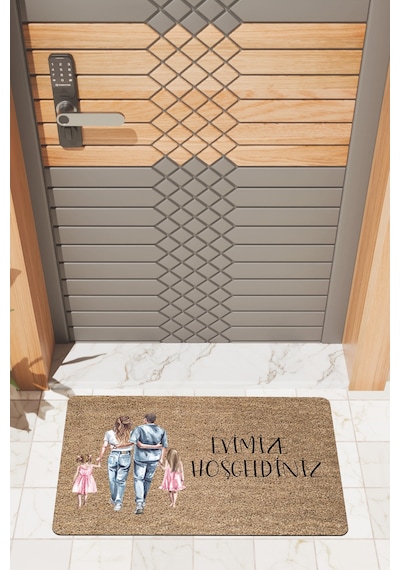Rugmood Modern Dijtal Baskı Kız, Anne, Baba, Kız Aile Kapı Önü Paspası Çok Renkli