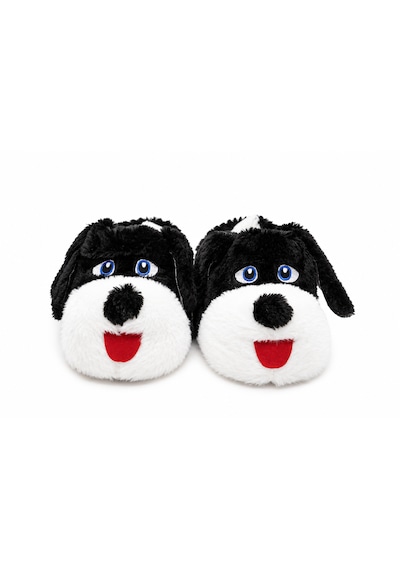 Modafocus Sevimli Köpek Figürlü Sessiz Kaydırmaz Taban Peluş Unisex Ev Pandufu Sevgili Kombin Terliği Siyah