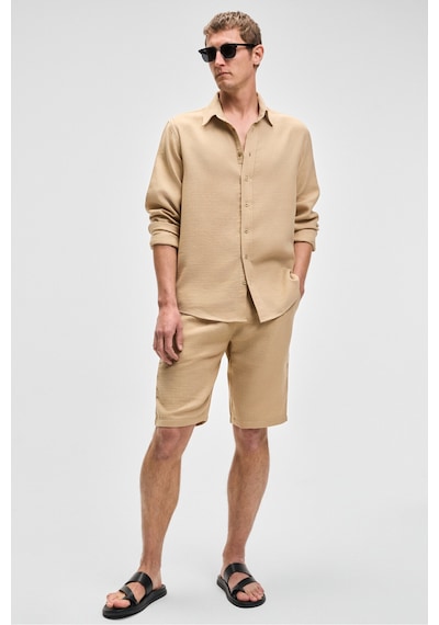 Grimelange Jens Erkek %100 Pamuk Müslin Kumaş Yanları Cepli Slim Fit Dar Kesim Bej Şort