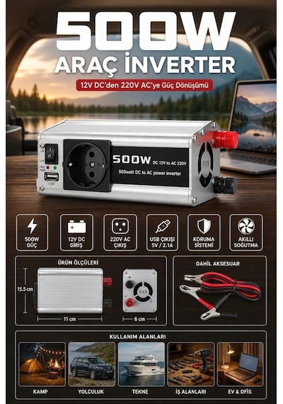 Araç Ve Karavan İçin 500w 12v Dc 220v Ac Usb Çıkışlı Fanlı İnverter Akü Güç Dönüştürücü