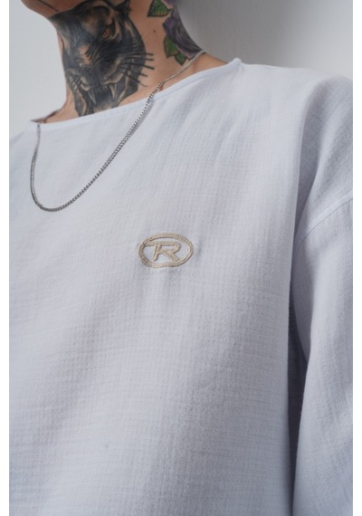 Respire Erkek R Nakışlı Fakir Kol Müslin Oversize T-shirt Beyaz