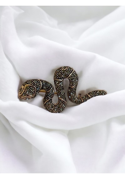 Black Diamond Swarovski Taşlı Yılan Broş Yeşil