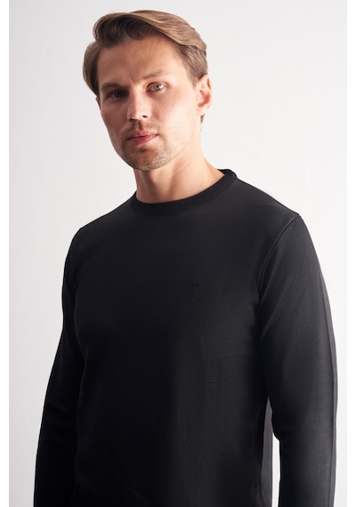 İmza Siyah Bisiklet Yaka Cepsiz Slim Fit Casual Triko Kazak Siyah