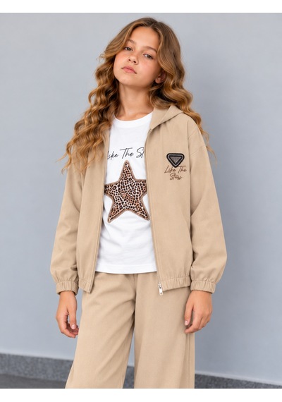 Kokoş Bebe Kız Çocuk Dokuma Viskon 3'lü Takım Leopar Yıldız Detaylı Kapüşonlu Ceket Tişört Bol Paça Pantolon - 5/13 Yaş - 31984 Krem Kokoş Bebe Kız Çocuk Dokuma Viskon 3'lü Takım Leopar Yıldız Detaylı Kapüşonlu Ceket Tişört Bol Paça Pantolon - 5/13 Yaş - 31984 Krem