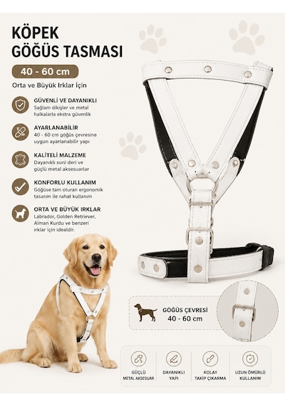 Köpek Göğüs Tasması Ve Sevk Kayışı Seti 40-60 Cm Suni Deri Perçinli Orta Büyük Irk - Beyaz Çok Renkli