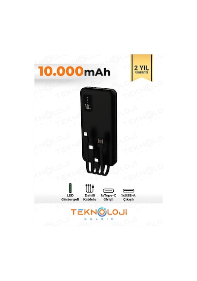 10.000 Mah Powerbank Elfenerli Dijital Led Gösterge Kendinden Kablolu Taşınabilir Şarj Aleti 4 Çıkış Siyah