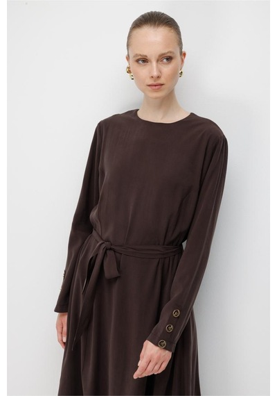 Mizalle Kuşak Detaylı Modal Kahve Maksi Elbise Kahverengi