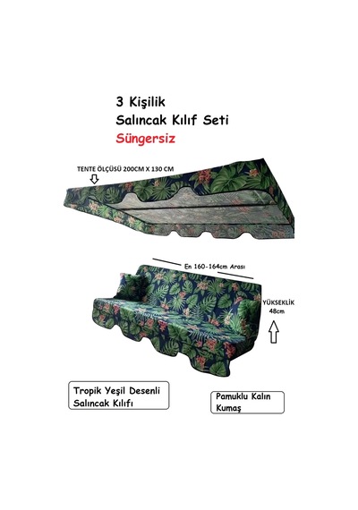Süngersiz 3 Kişilik Salıncak Minder Seti - Tropik Yeşil